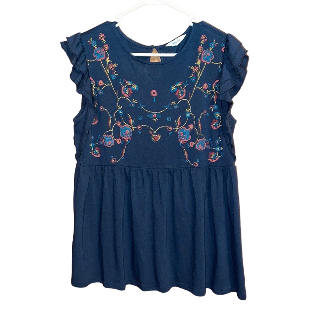 •AMARYLLIS•NWOT BLUE FLORAL RUFFLE SLEEVE PEPLUM BLOUSE SIZE SMALL